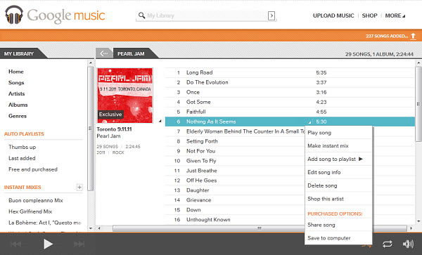 Google Music: l'interfaccia Web