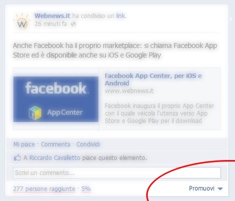 Facebook introduce il pulsante Promuovi