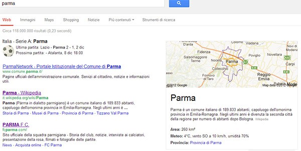 Google Knowledge Graph, esempio di ricerca su "Parma"