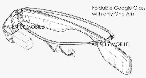 Un'immagine tratta del brevetto assegnato a Google sulla versione pieghevole degli occhiali Glass