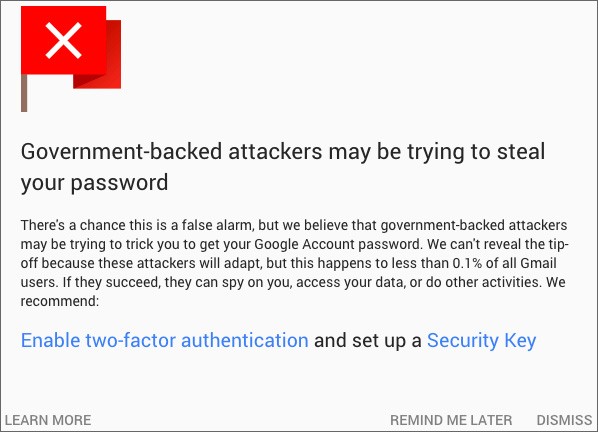 L'avviso mostrato da Gmail ai presunti bersagli degli "attacchi di stato"