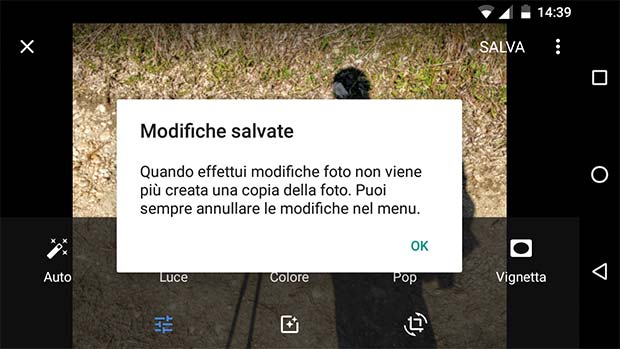 L'applicazione Google Foto, dopo l'ultimo aggiornamento, avvisa della possibilità di apportare modifiche non distruttive alle immagini salvate nel dispositivo