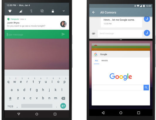 Il nuovo menu delle notifiche (sinistra) e lo split screen di Android N su smartphone (destra)