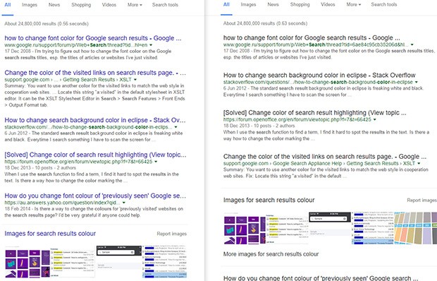 La tradizionale SERP di Google con i link blu (a sinistra) e quella con il font nero attualmente in fase di test (a destra)