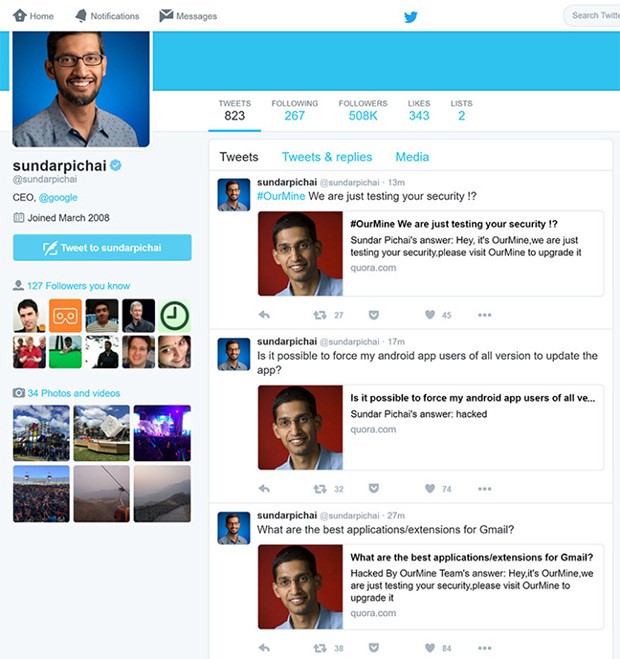 Anche l'account Twitter di Sundar Pichai, CEO di Google, è stato compromesso