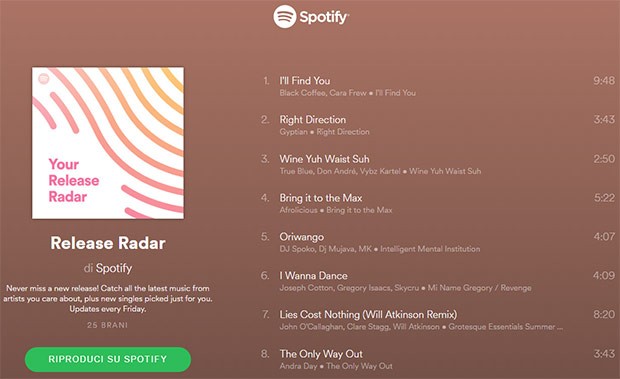 La playlist Release Radar di Spotify, per scoprire nuova musica, aggiornata ogni venerdì