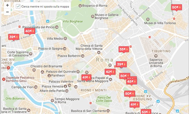 La mappa con i risultati della ricerca su Airbnb