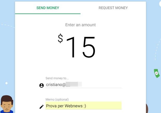 Il modulo sul sito Web di Google Wallet per inviare o richiedere denaro direttamente dal browser