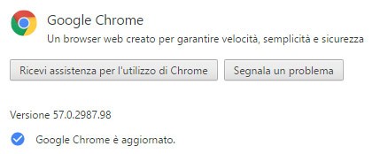 Il browser Chrome aggiornato alla versione 57.0.2987.98 su piattaforme desktop