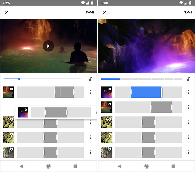 Il nuovo editor video integrato nell'app Google Foto, con una timeline per effettuare il montaggio di più clip in modo semplice e veloce