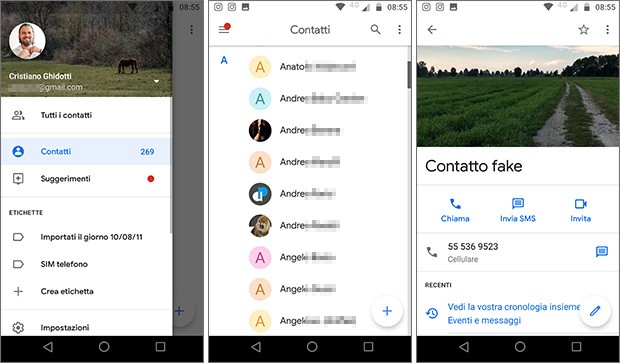 La nuova interfaccia dell'applicazione Contatti, aggiornata da Google su dispositivi Android con l'introduzione di un tema dominato dal colore bianco