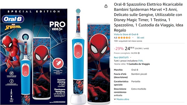 Spazzolino elettrico Oral-B Kids Spiderman a meno di 25€ su  - Webnews
