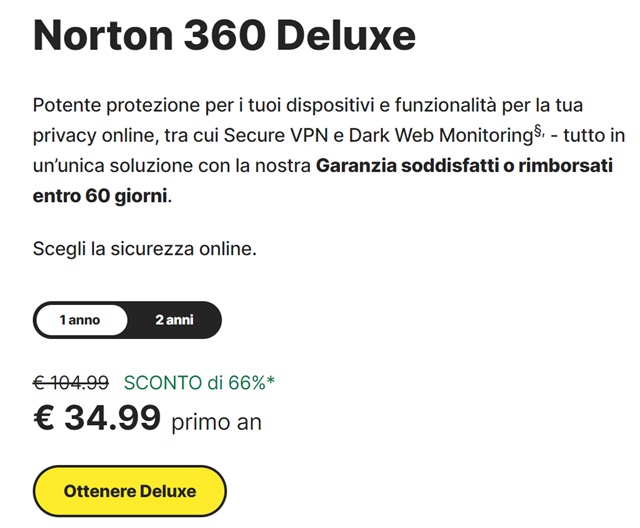 norton 360 deluxe 66 per cento sconto