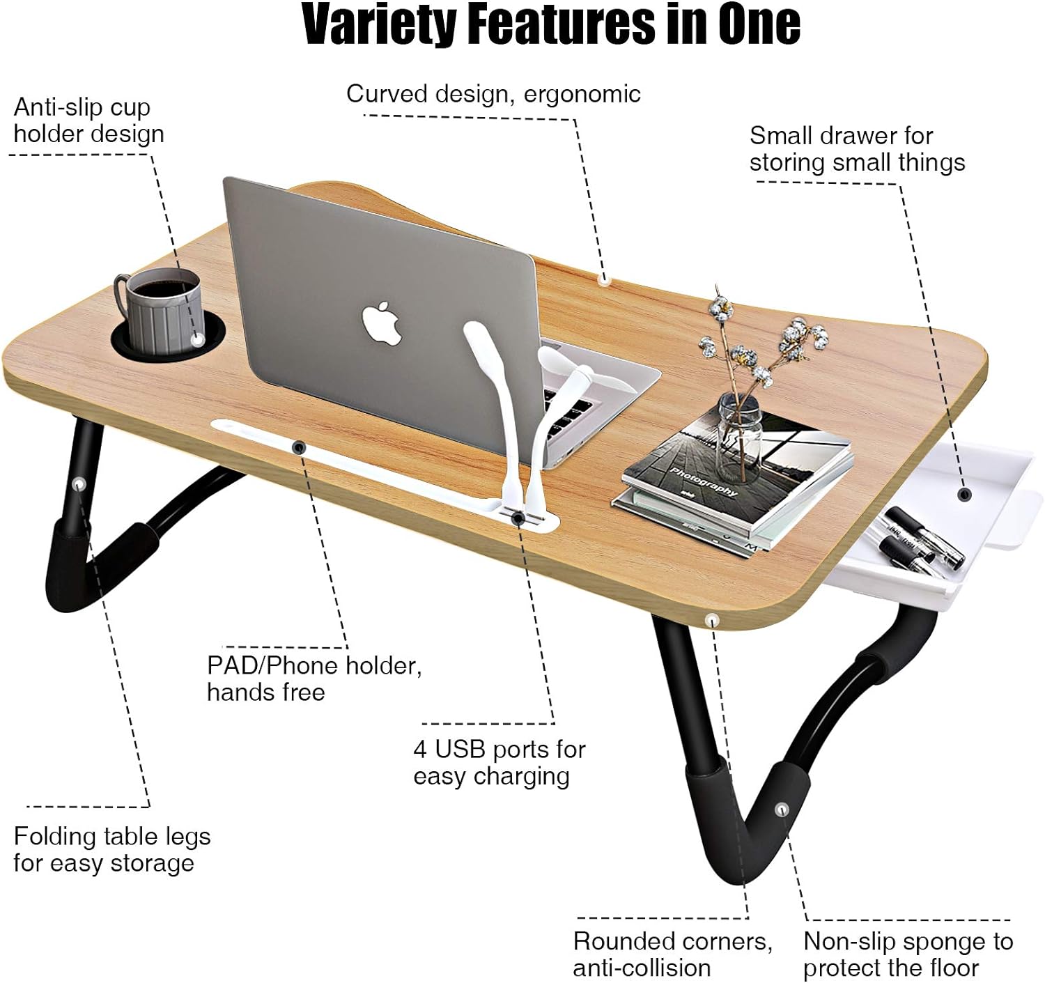 Tavolino da letto portatile pieghevole per laptop, Scrivania