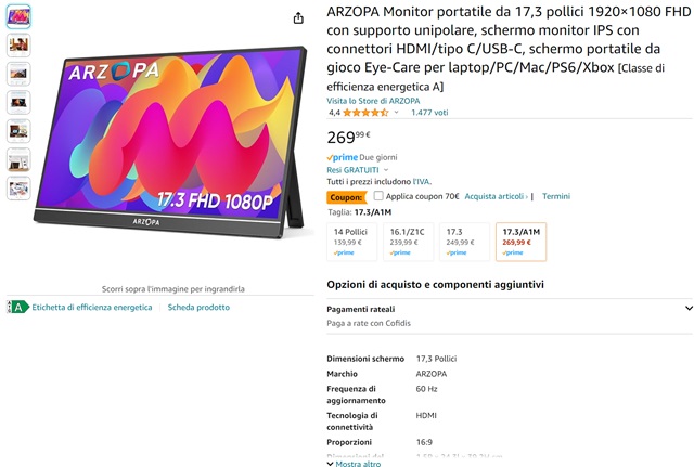 arzopa monitor portatile 199 euro amazon