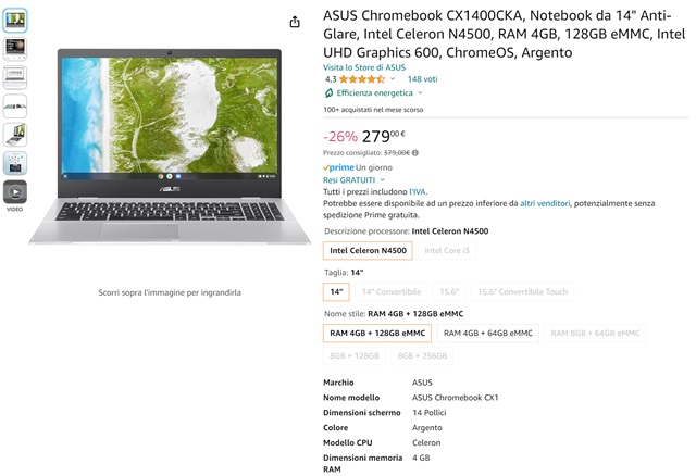 asus chromebook cx1 279 euro amazon