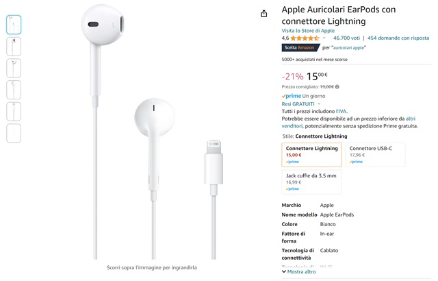 auricolari earpods 15 euro amazon