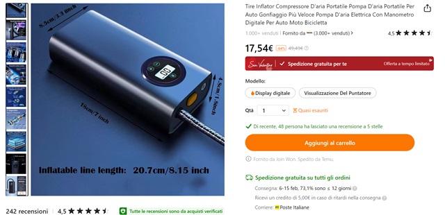 compressore d'aria portatile per auto 17 euro amazon