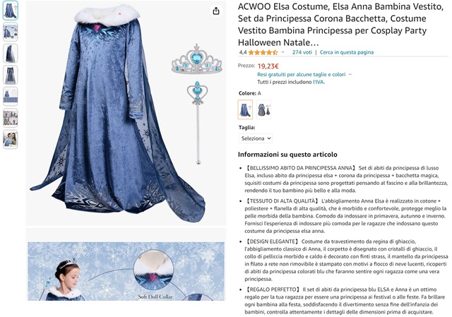 costume carnevale principessa elsa 19 euro amazon