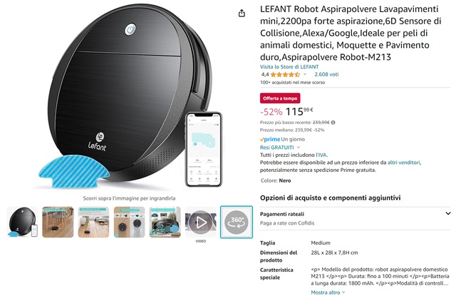 LEFANT Robot Aspirapolvere Lavapavimenti mini,2200pa forte aspirazione,6D  Sensore di Collisione,Alexa/Google,Ideale per peli di animali domestici