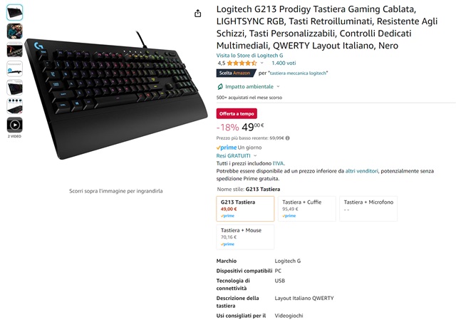 logitech g213 tastiera 49 euro amazon