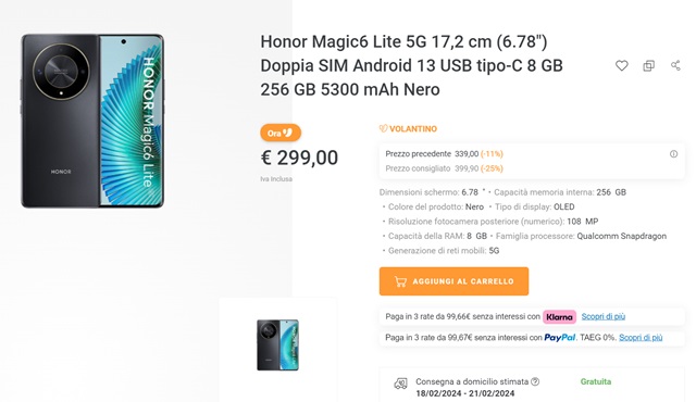 honor magic 6 lite 299 euro unieuro