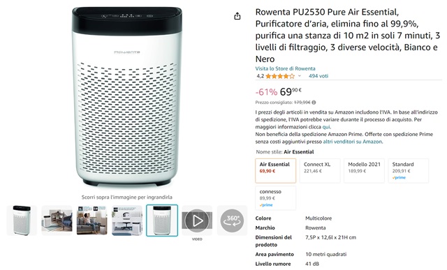 purificatore d'aria rowenta 69 euro amazon