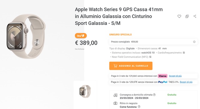 apple watch series 9 389 euro unieuro