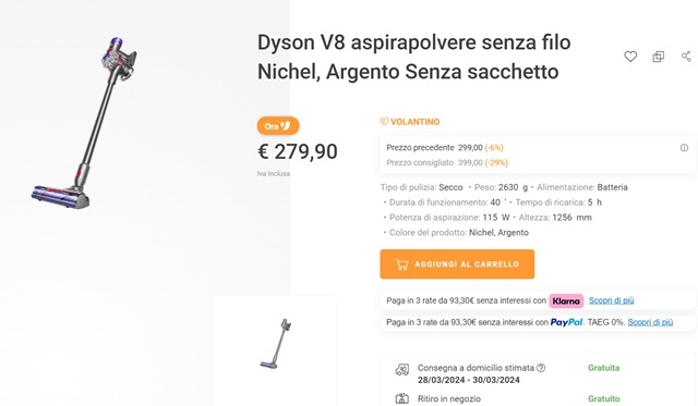 dyson v8 279 euro unieuro