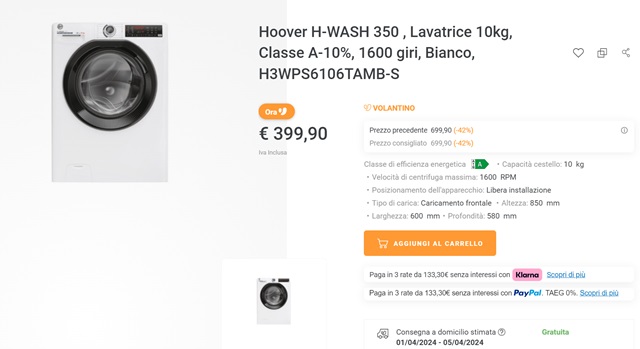 hoover h-wash 350 399 euro unieuro