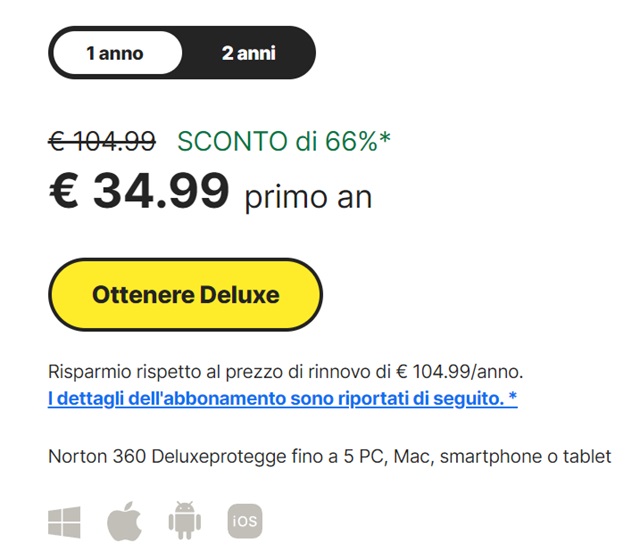 norton 360 deluxe 34,99 euro 1 anno