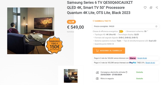 samsung series 6 tv 549 euro unieuro