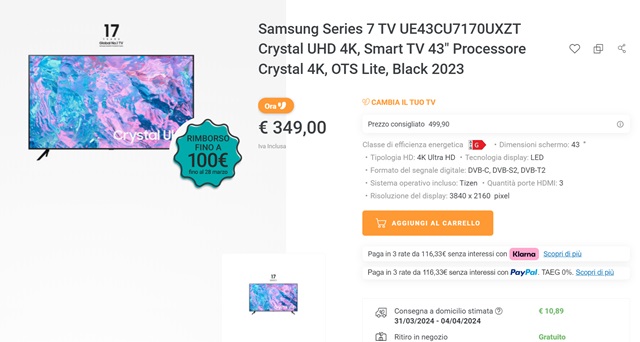 samsung series 7 smart tv unieuro 349 euro