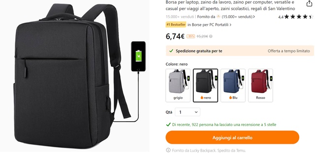 zaino per pc lucky backpack temu 6 euro