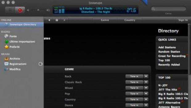 Snowtape: ascoltare e registrare tracce dalle radio online