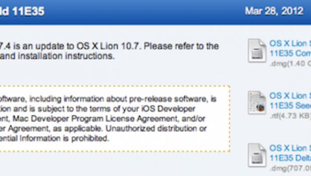 Apple invia OS X 10.7.4 (11E35) agli sviluppatori