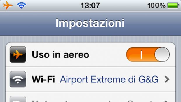 Modalità Aereo su iOS con WiFi e Bluetooth attivi