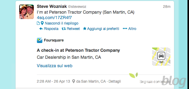 Steve Wozniak con Foursquare, geolocalizzato su Twitter