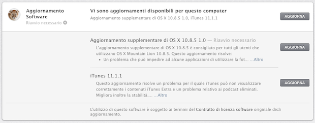 Disponibili Aggiornamento Supplementare di OS X 10.8.5 e iTunes 11.1.1