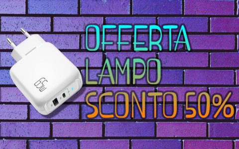 Caricabatterie USB-C da 65W in OFFERTA LAMPO: super sconto 50%