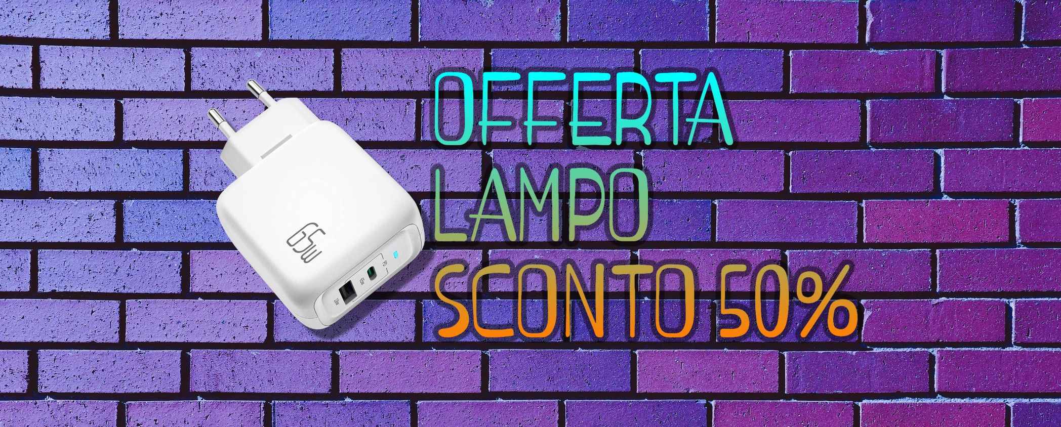 Caricabatterie USB-C da 65W in OFFERTA LAMPO: super sconto 50%