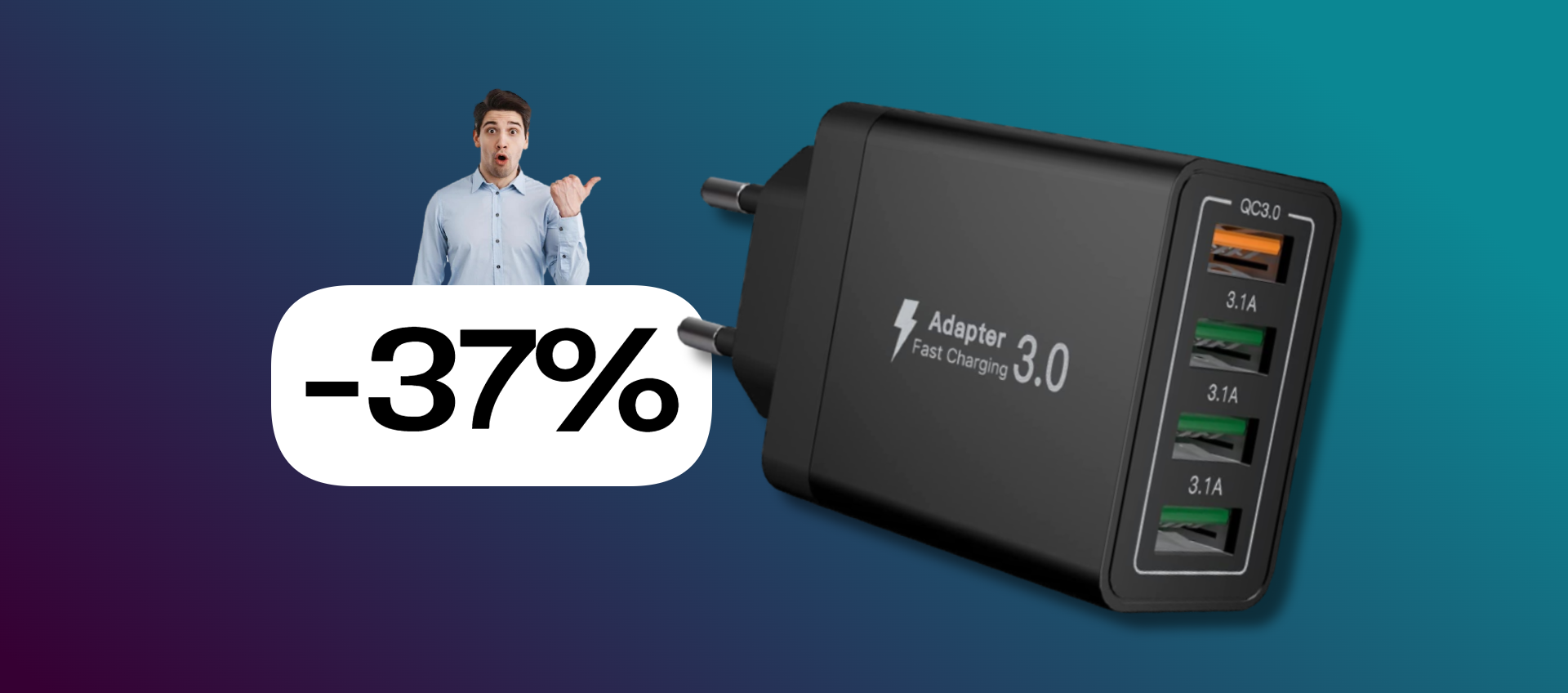 Caricabatterie 33W FUORI DI TESTA: 4 porte USB e sconto del 37%