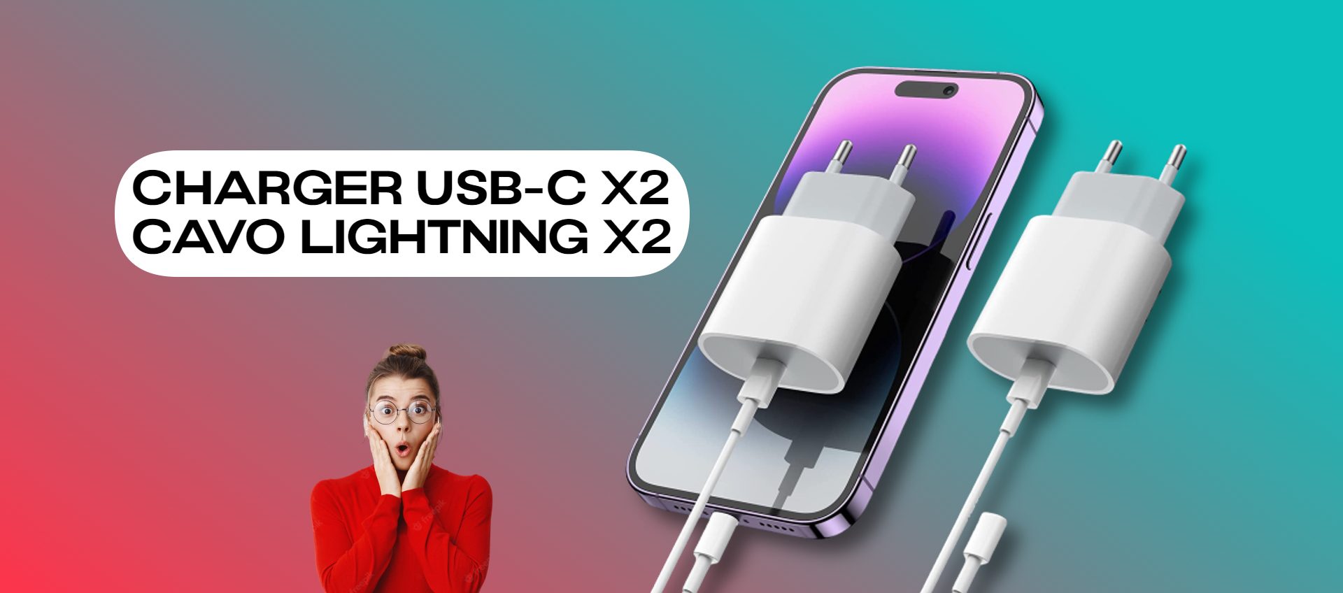 Pazzesco kit di ricarica con 2 caricabatterie USB-C 20W e 2 cavi Lightning: tuo a meno di 25€