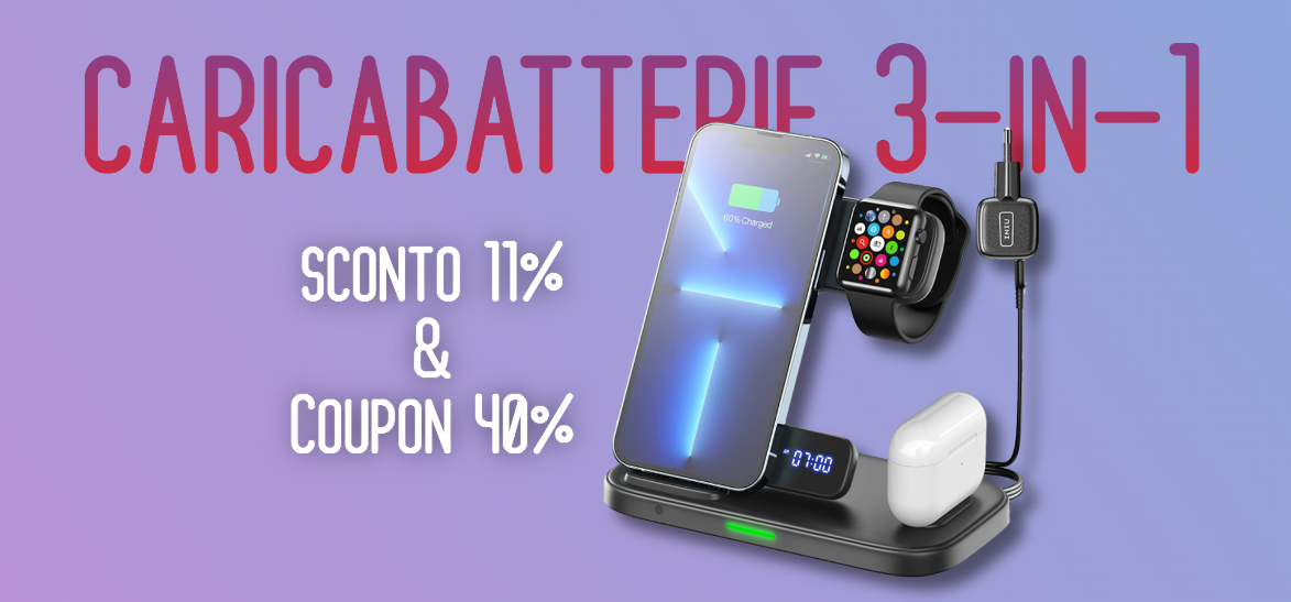 Caricabatterie wireless 3-in-1 per iPhone, Apple Watch e AirPods: AFFARE con sconto e coupon