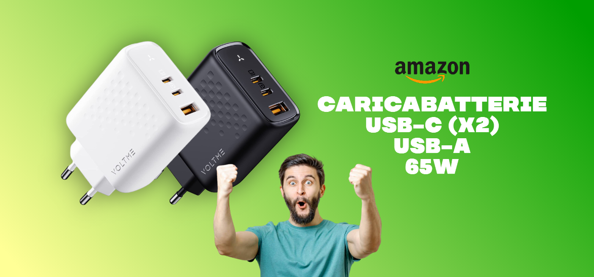 Caricabatterie USB-C (x2) e USB-A da 65W da prendere SUBITO (-20%)