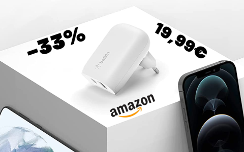 Belkin, il doppio caricabatterie 37W con USB-C e USB-A è in SUPER PROMO su Amazon