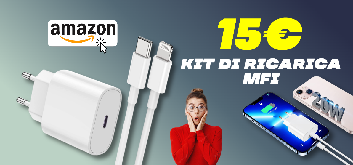 Kit ricarica MFi con caricabatterie USB-C 20W e cavo Lightning: PREZZO TOP